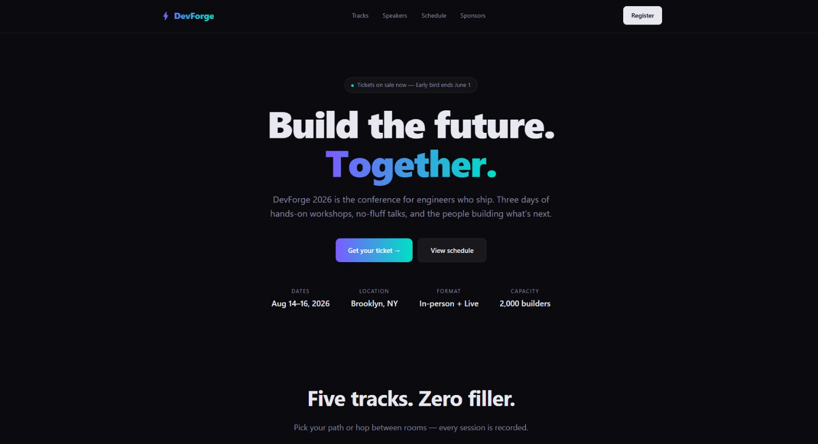 A generated conference landing page: centred hero, purple-to-cyan gradient headline, gradient CTA button, a row of stats.