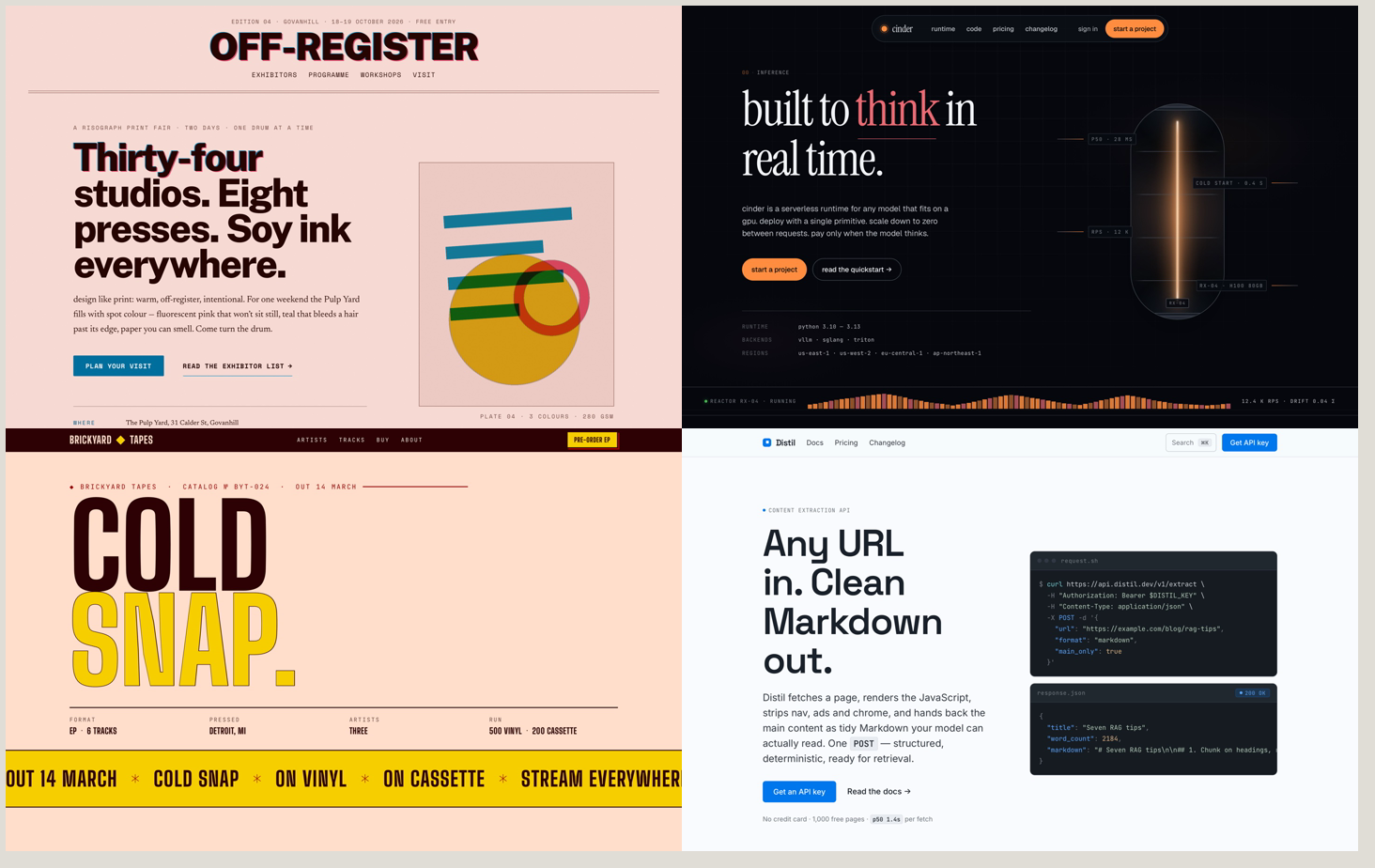 Four pages built by the same skill: a pink risograph print-fair page, a dark technical product page, a bold yellow-and-black music page, and a clean light developer-tools page.