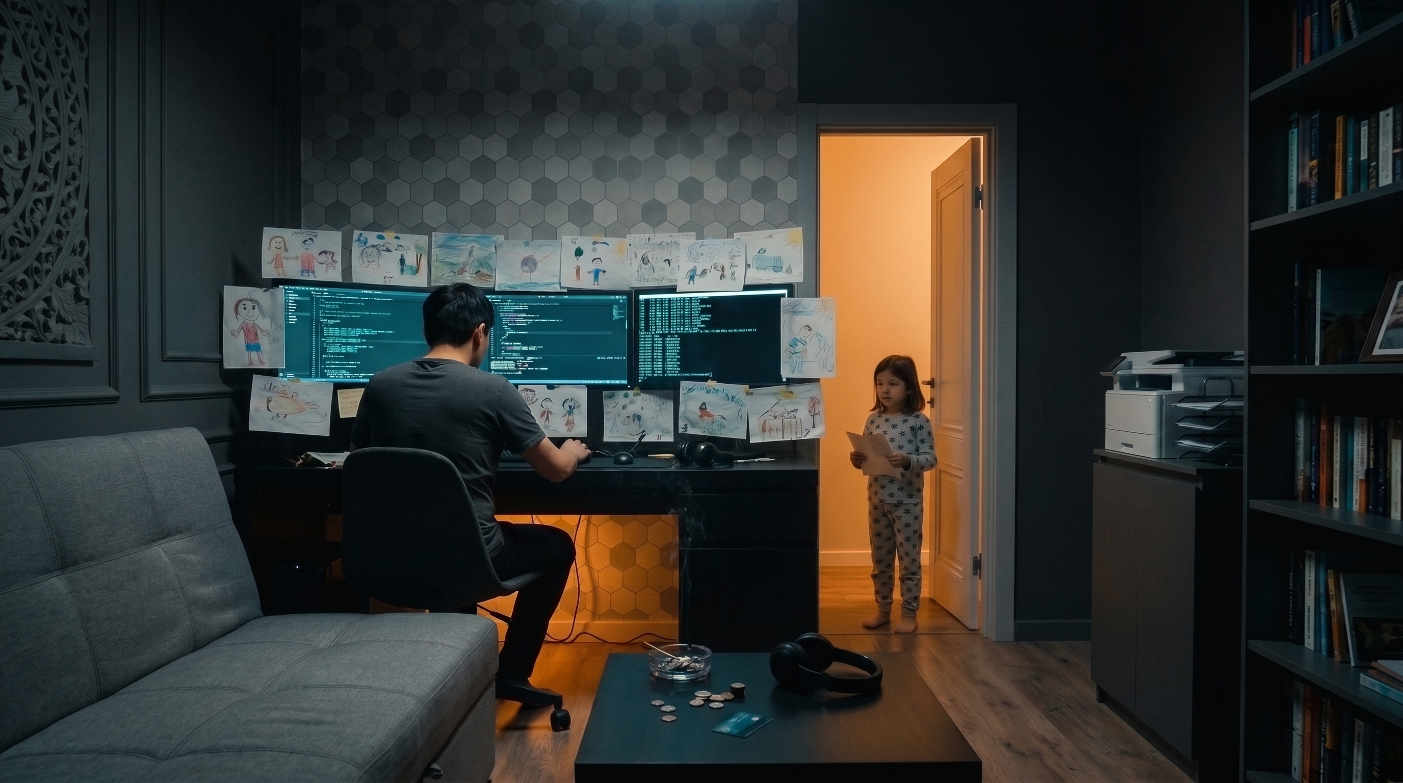 The single approved still of the room. Every shot in the film was generated from this one frame.