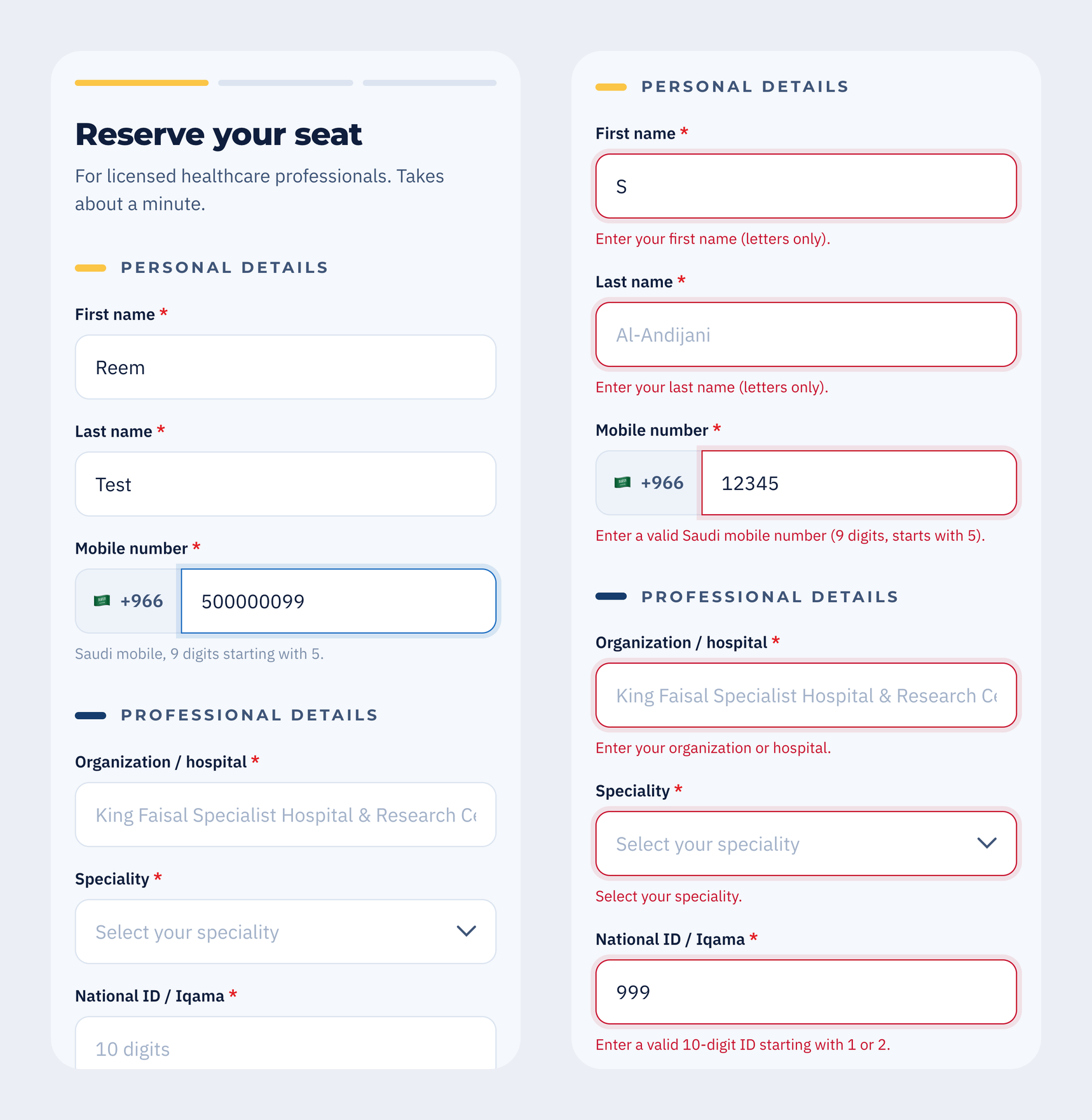The form on a phone, mid typing and with field errors