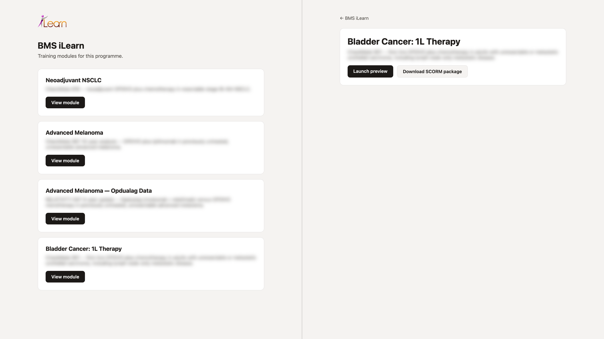 The delivery page and a module page, with descriptions blurred