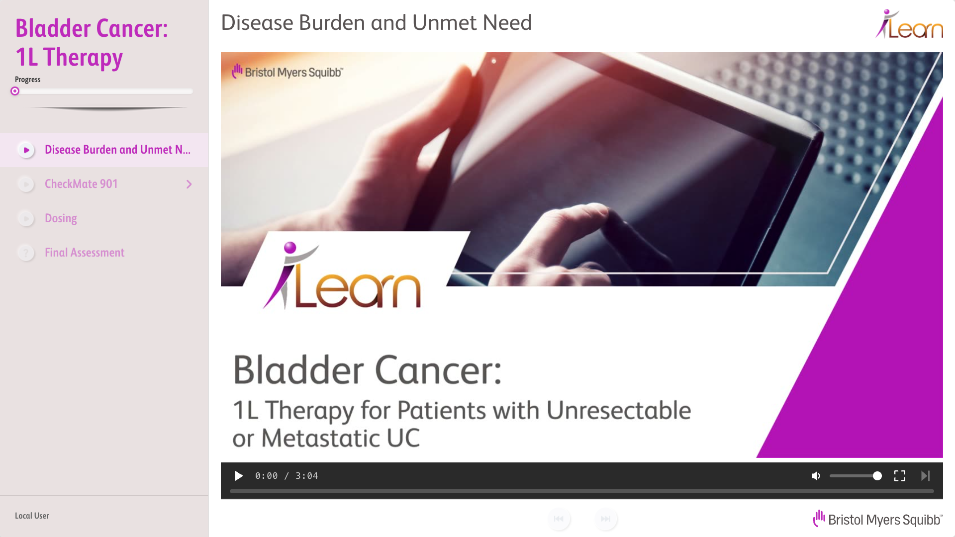 The player on the first lesson of the Bladder Cancer module