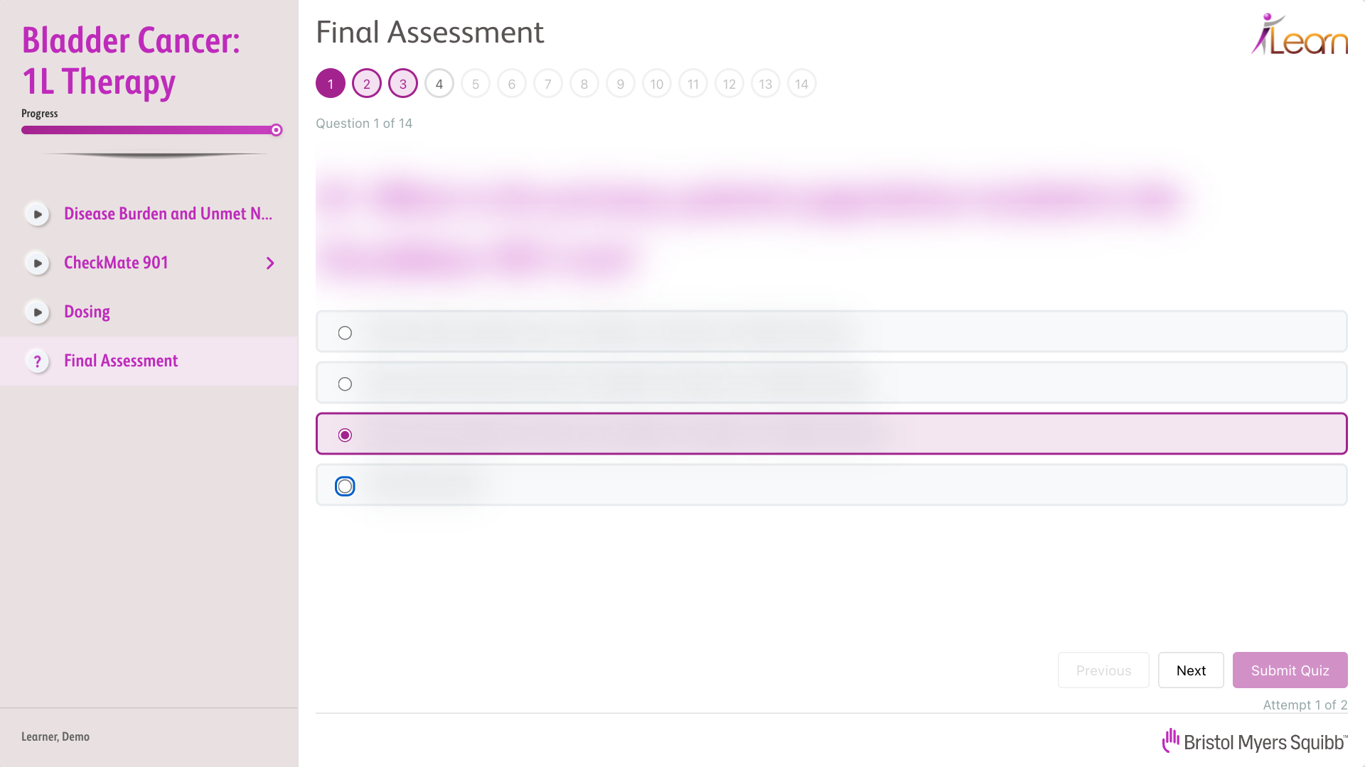 A question in the final assessment, with the text blurred