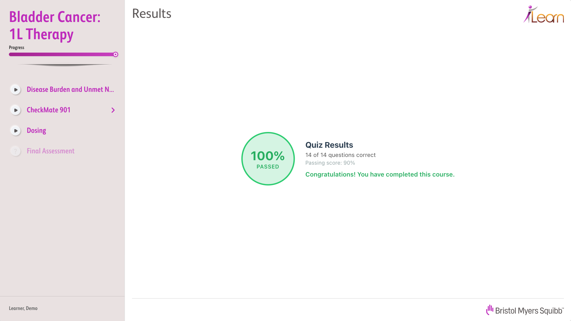 The results screen after a passed attempt