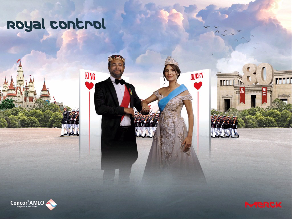 Royal Control slide: the King and Queen of Hearts in front of the palace