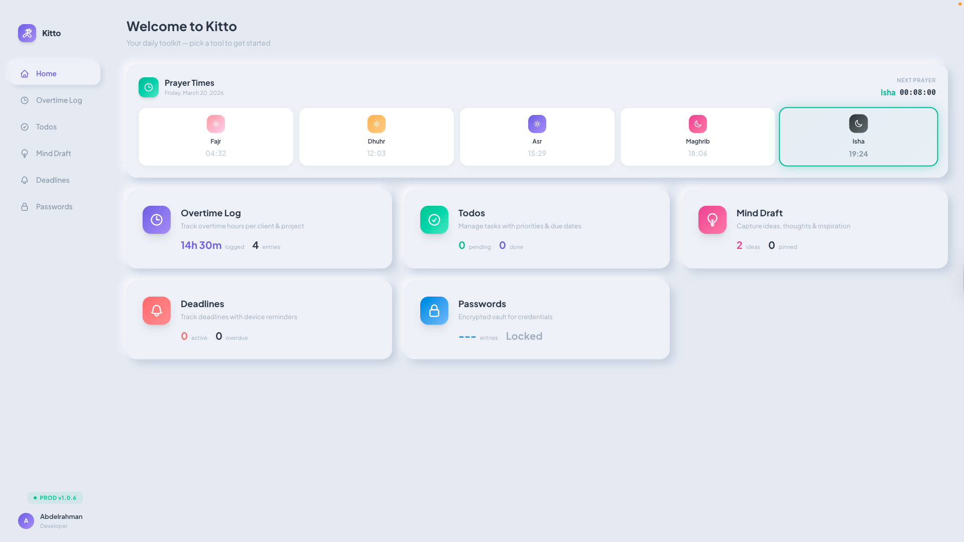 Kitto dashboard showing all modules at a glance
