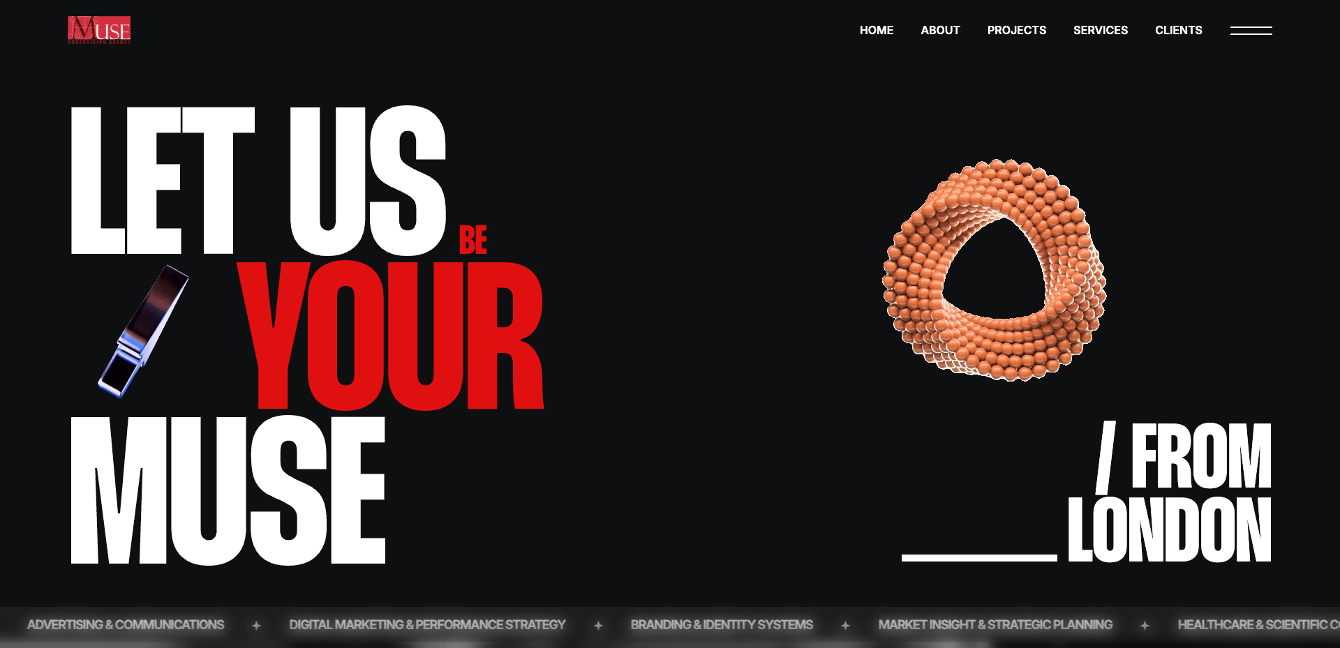 Homepage with oversized typography and 3D elements