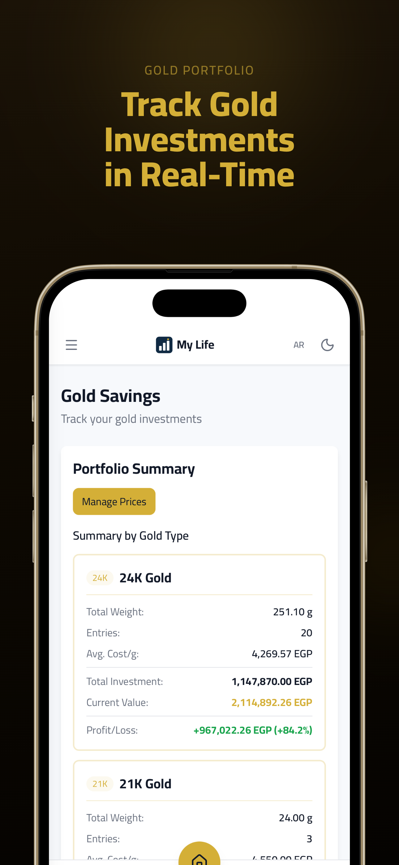 Gold portfolio tracking with real-time pricing