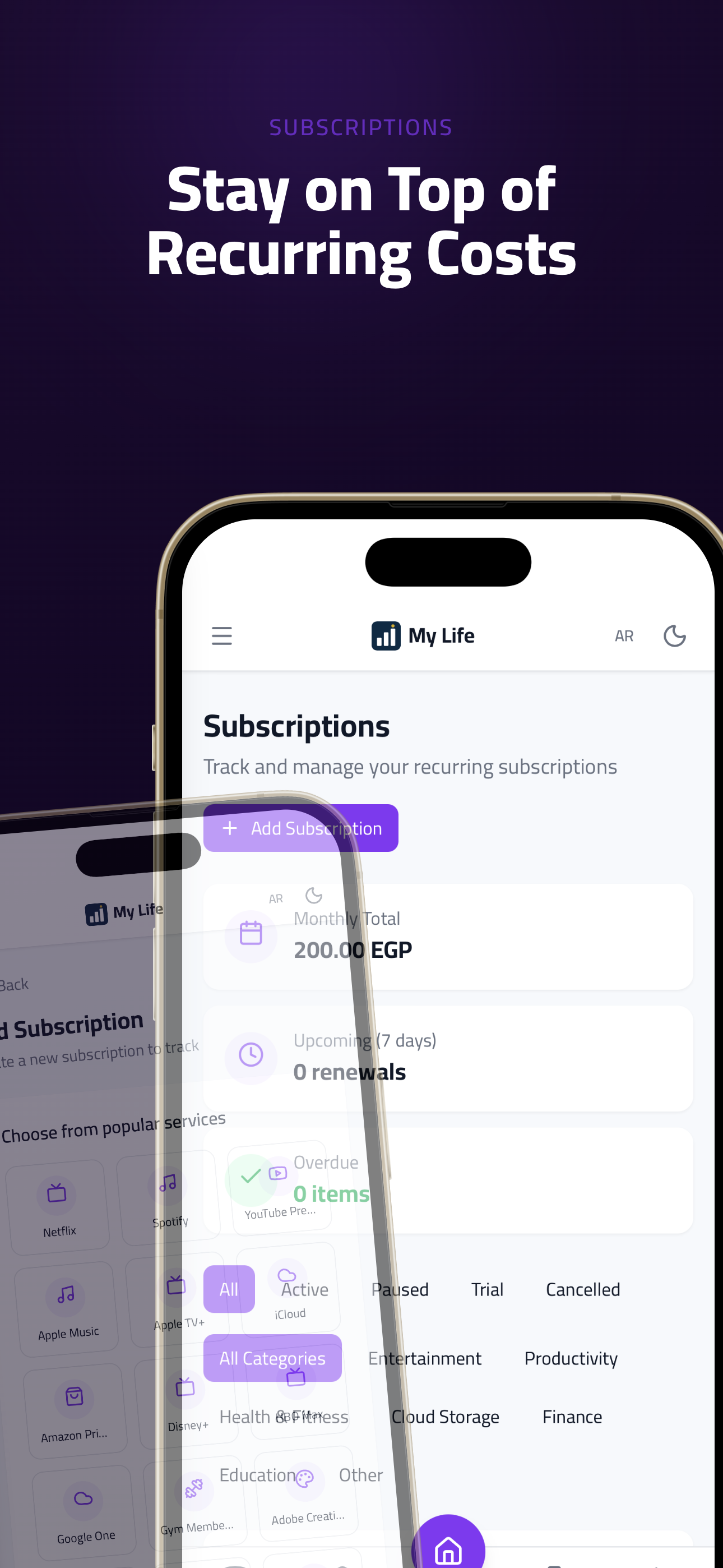 Subscription management with renewal tracking